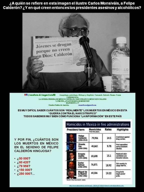 FERNANDO ANTONIO RUANO FAXAS. A quién se refiere en esta imagen el ilustre Carlos Monsiváis, a Felipe Calderón... Y en qué creen entonces los presidentes asesinos y alcohólicos...