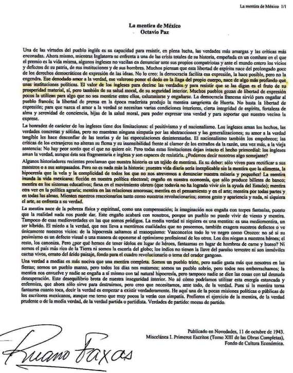 FERNANDO ANTONIO RUANO FAXAS. OCTAVIO PAZ, LA MENTIRA, MÉXICO