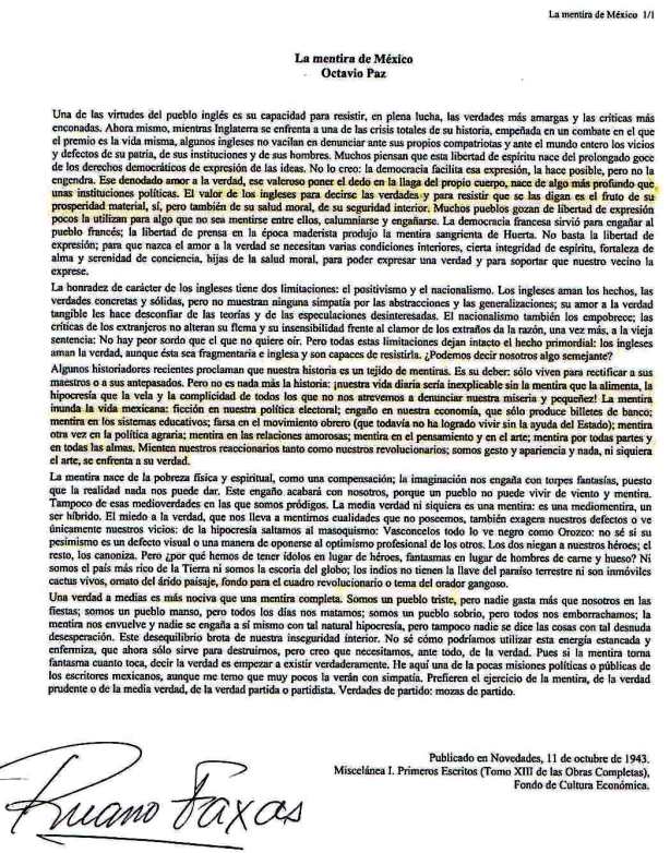 FERNANDO ANTONIO RUANO FAXAS. OCTAVIO PAZ, LA MENTIRA, MÉXICO
