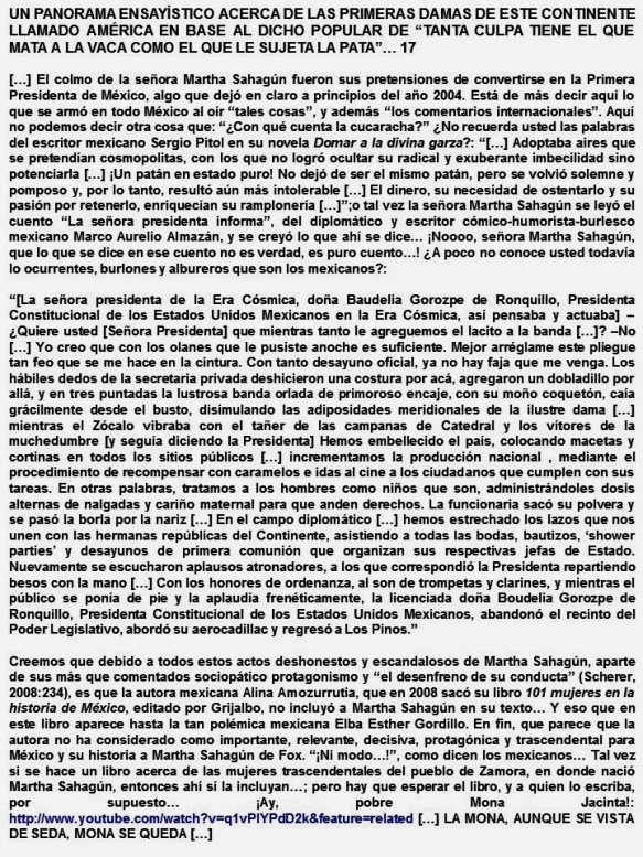 Fernando Antonio Ruano Faxas. Conferencia. Martha Sahagún, México. UN PANORAMA ENSAYÍSTICO ACERCA DE LAS PRIMERAS DAMAS. TANTA CULPA TIENE EL QUE MATA A LA VACA COMO EL QUE LE SUJETA LA PATA