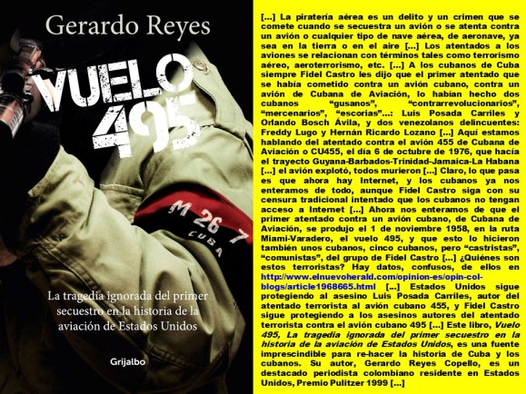 FERNANDO ANTONIO RUANO FAXAS. CUBA, CUBANOS, CUBANA DE AVIACIÓN, TERRORISMO, TERRORISTAS. Vuelo 495, La tragedia ignorada del primer secuestro en la historia de la aviación de Estados Unidos. Gerardo Reyes Copello