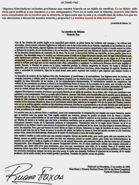 FERNANDO ANTONIO RUANO FAXAS. IMAGOLOGÍA. Octavio Paz. Nuestra vida diaria sería inexplicable sin la mentira, La mentira inunda la vida mexicana