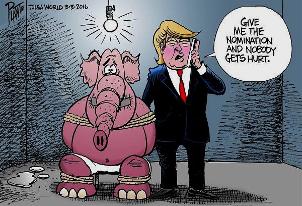 Bruce Plante Cartoon: Trump takes a hostage, Donald J. Trump, Republican Presidential Primary 2016, GOP, RNC, Republican Party, Republican Nominee, Senator Marco Rubio, Governor John Kasich, Senator Ted Cruz, Plante 20160304