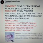FERNANDO ANTONIO RUANO FAXAS. IMAGOLOGÍA. MÉXICO PRIMER LUGAR MUNDIAL EN ASESINATOS DE POLÍTICOS EN UN PROCESO ELECTORAL, 2017-2018, 126 POLÍTICOS ASESINADOS. ELECCIONES, MUERTOS,&nbsp;DE