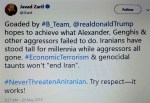 TERRORISM, COLD WAR. Javad Zarif. Trump hopes to achieve what Alexander, Genghis & other aggressors failed to do. Iranians have stood tall for millennia while aggressors all gone. #NeverThreatenAnIranian. Try respect—it&nbsp;works!